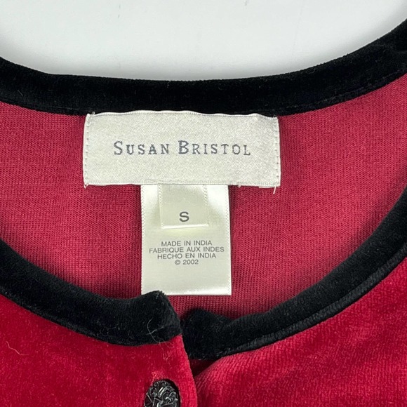Susan Bristol Red Velour Ugly Christmas Sweater Cardigan Holiday Plants Trees - Picture 13 of 16